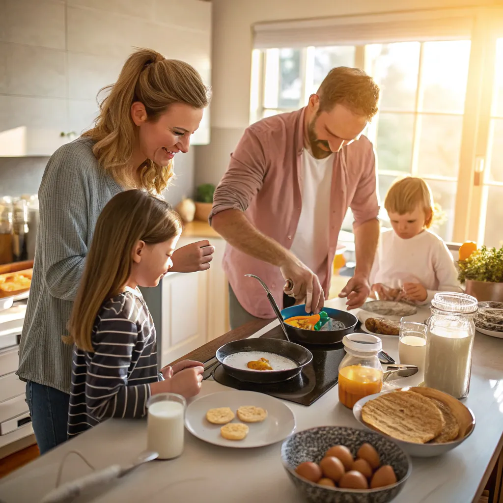 Family cooking breakfast together